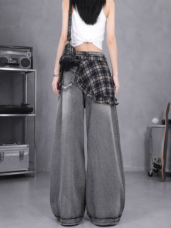 Vintage Distressed Ripped Wide Leg Jeans with Plaid Skirt Overlay