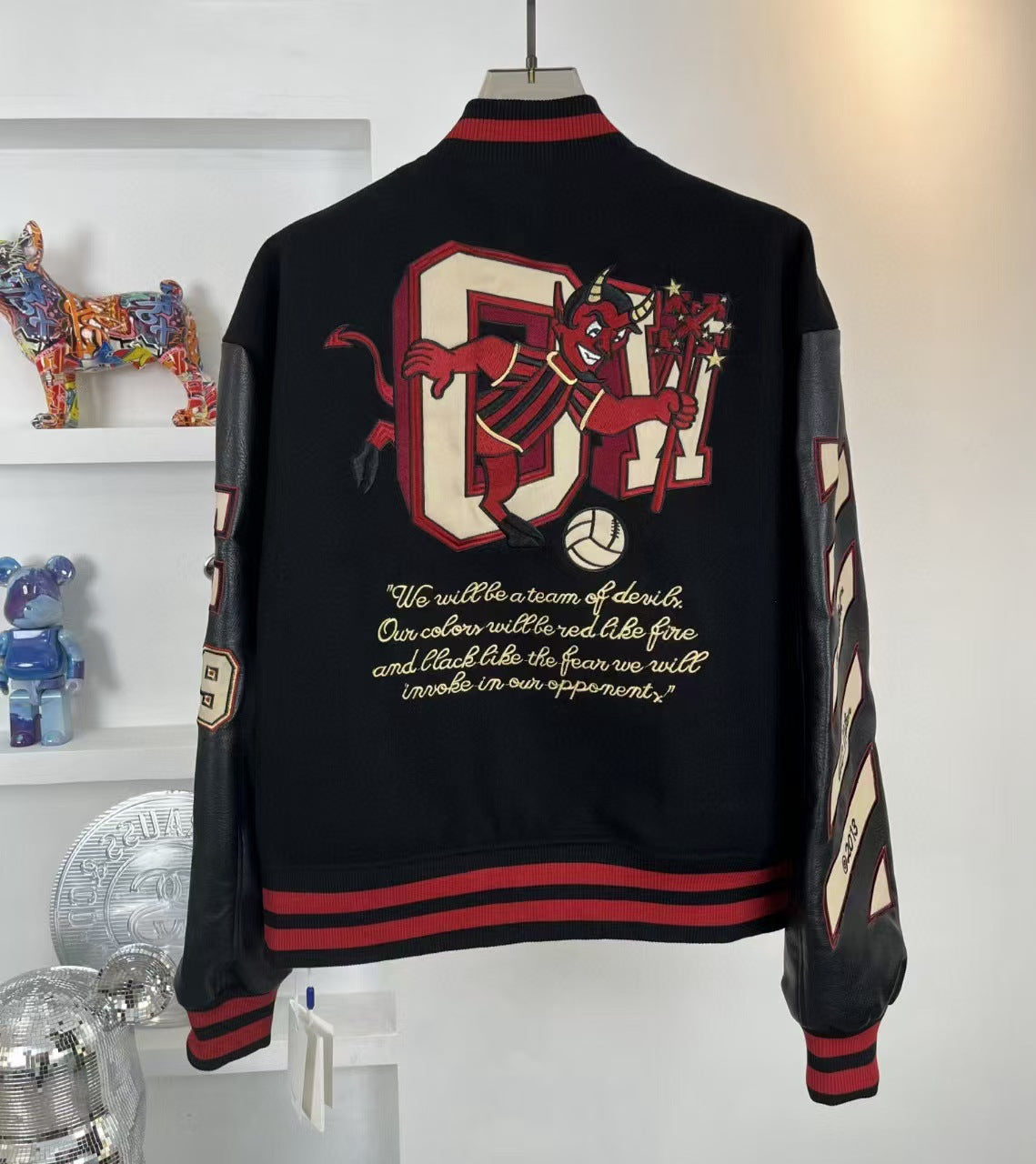 Off-White Cartoon Devil Graphic Varsity Jacket Unisex