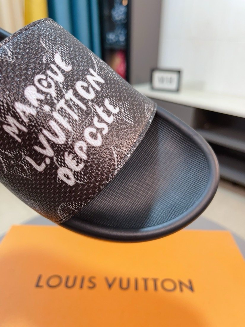 Louis Vuitton Men's Patterned Strap Slide Sandals - Black and Dark Brown