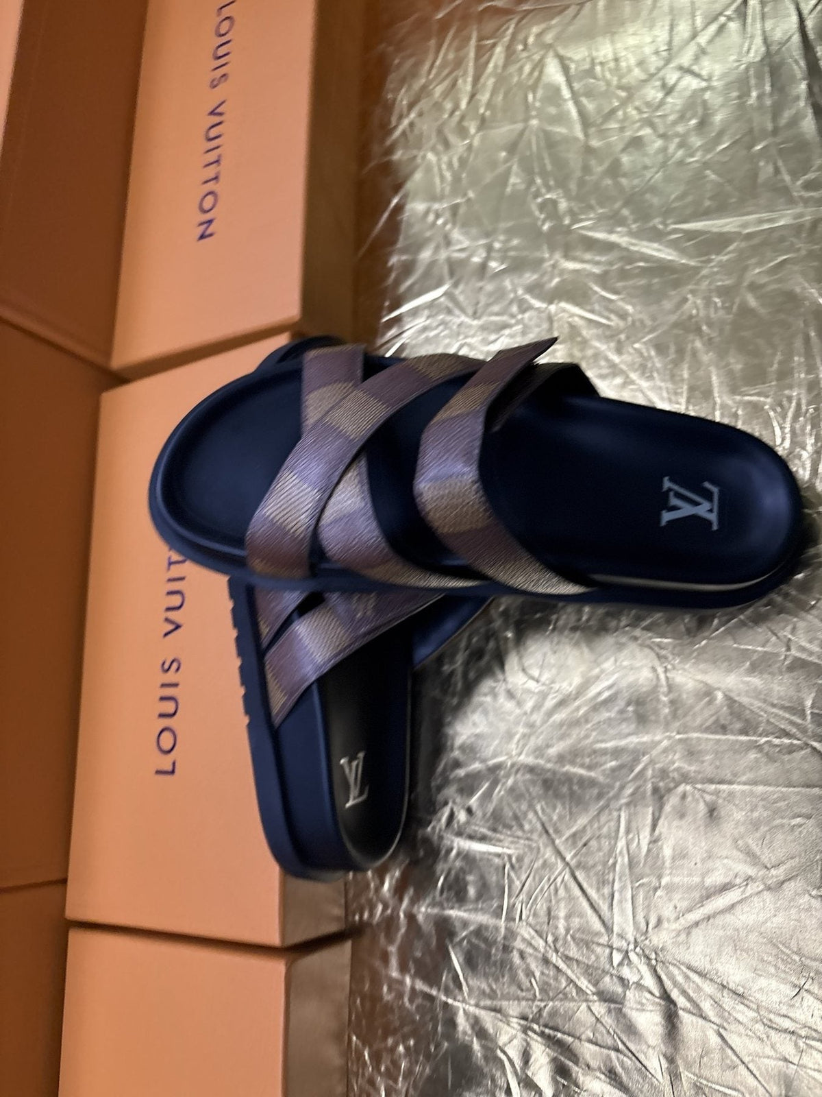 Louis Vuitton Checkered Cross-Strap Slide Sandals