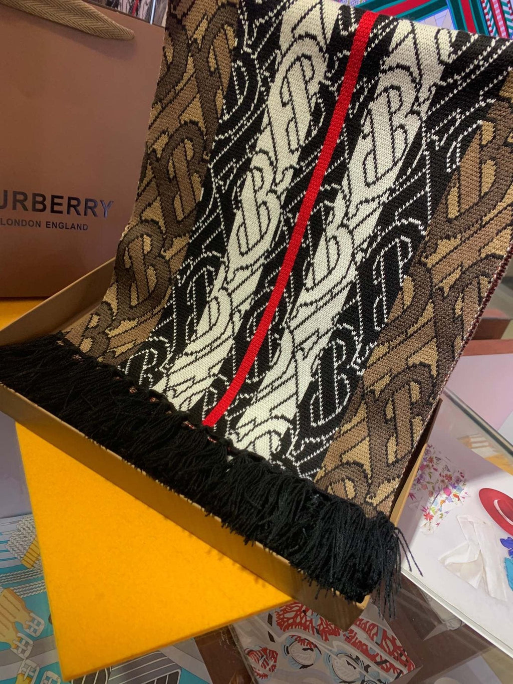 Burberry TB Monogram Fringed Scarf