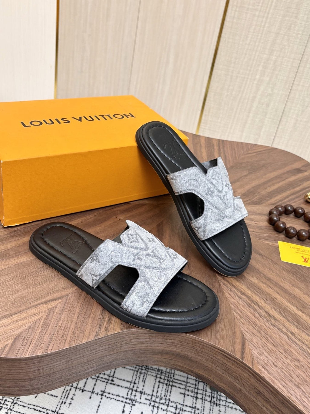 Louis Vuitton Light-Gray Patterned Slide Sandals