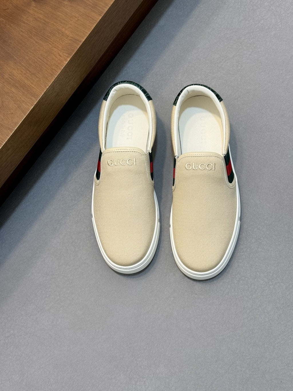 Gucci Beige Web Stripe Slip-On Sneakers