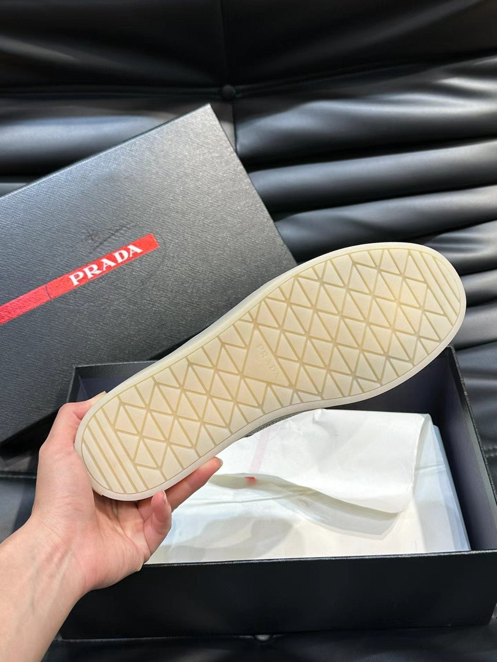 Prada Men's Black Leather-Look Low-Top Sneakers