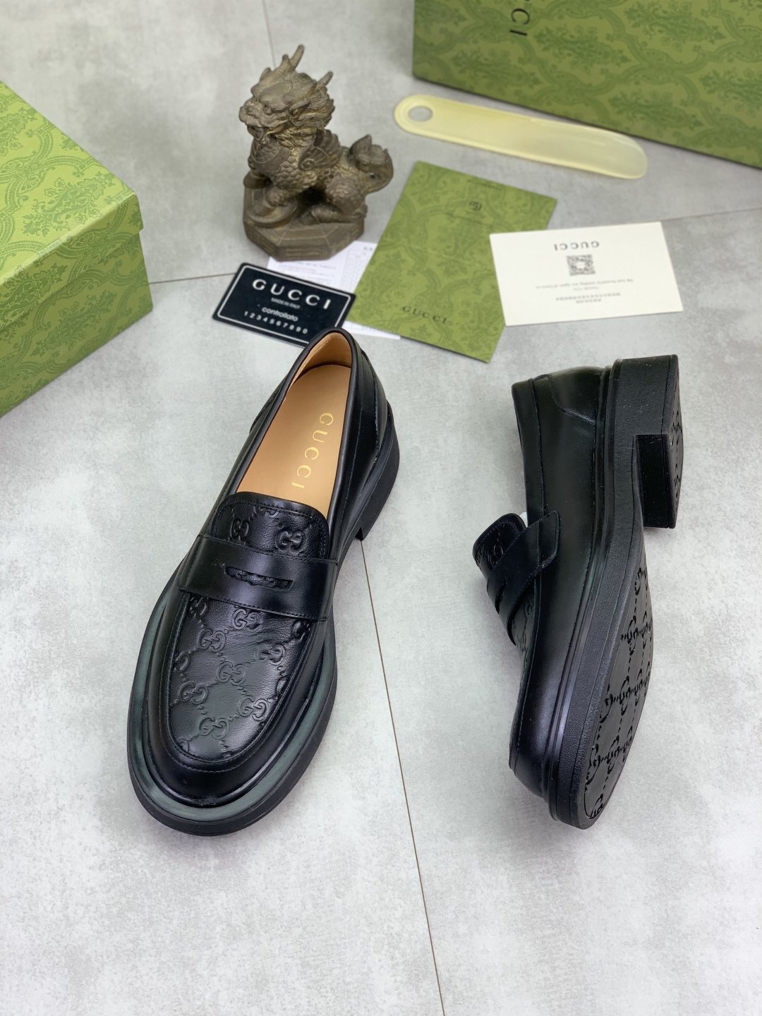 Gucci Black Embossed-Toe Loafers