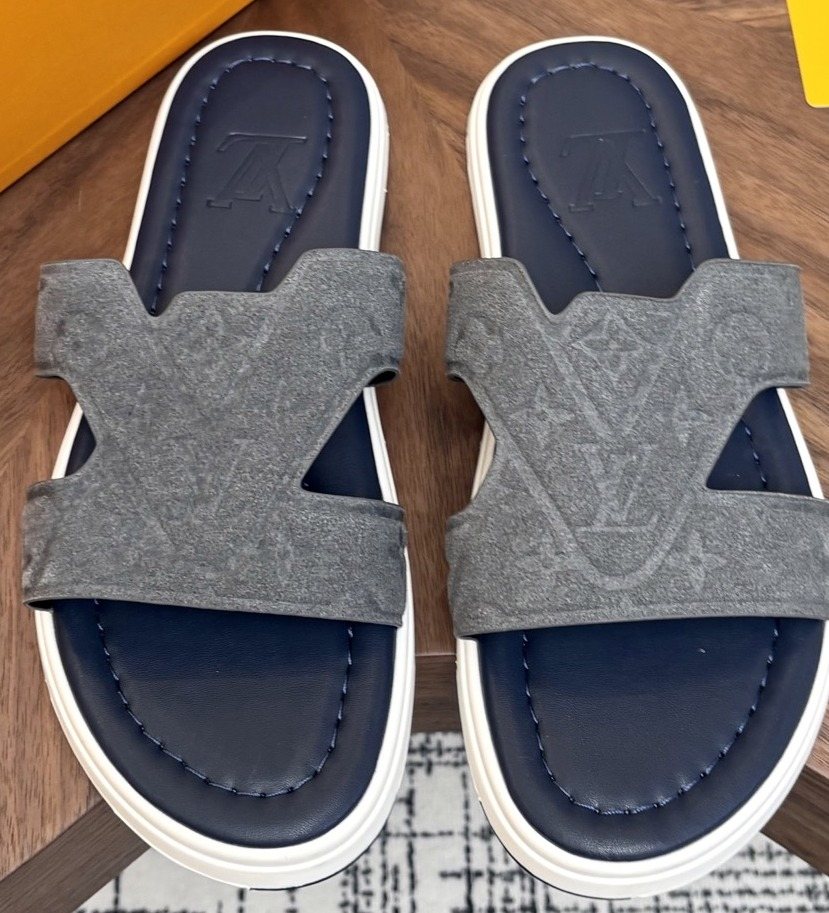 Louis Vuitton Embossed Navy Blue Slide Sandals