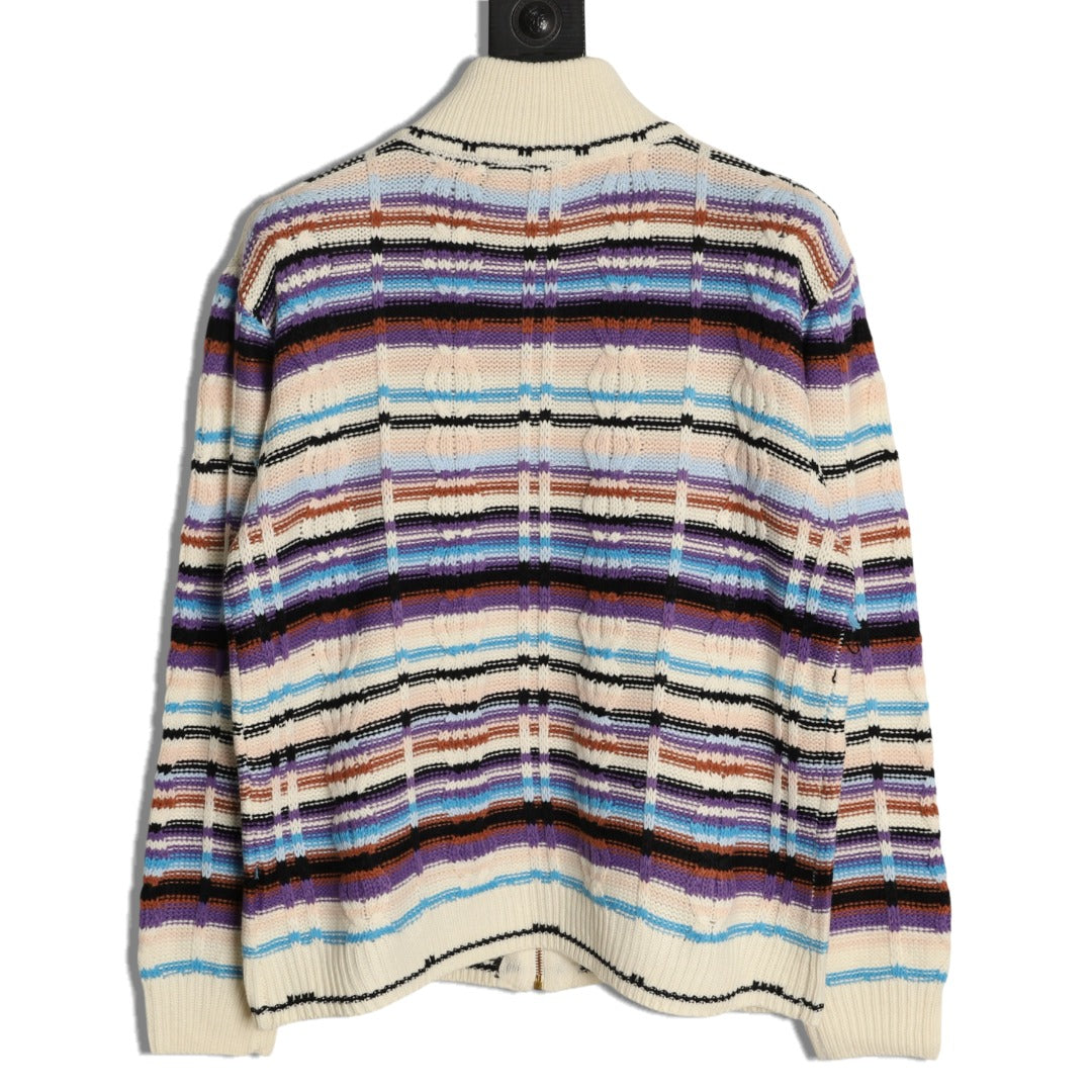 Louis Vuitton Retro Multicolor-Stripe Stand-Collar Zip Knit Cardigan - Cream